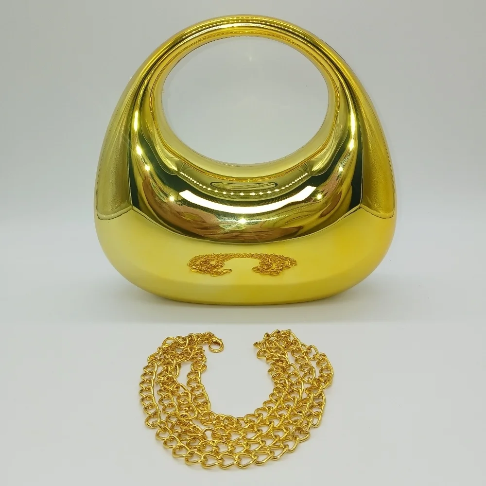 Gold Crescent Shaped Metal Look Acrylic Shoulder Handbag
